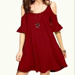Cold Shoulder Ruffle Cuff Dress in Deep Red